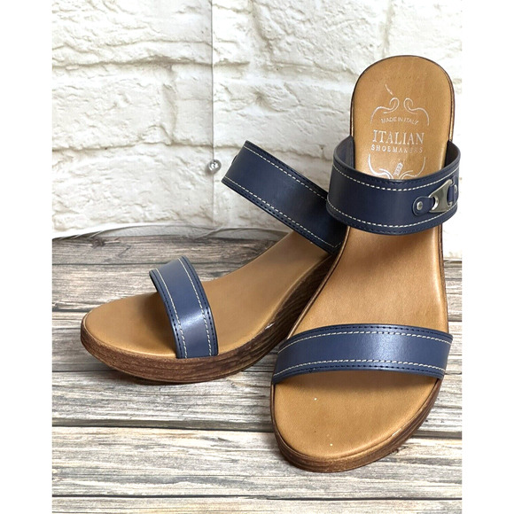 Italian Shoemaker Sandals Wedge Navy Blue Leather Straps Fits 10 M‎ - Picture 13 of 16